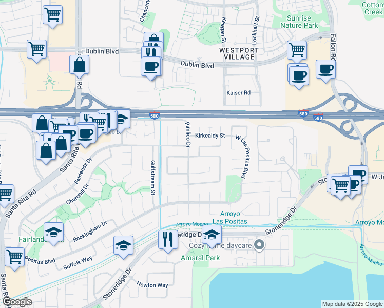 map of restaurants, bars, coffee shops, grocery stores, and more near 3595 Ballantyne Drive in Pleasanton