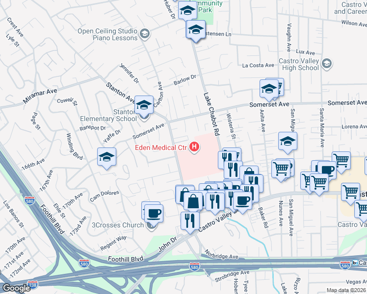 map of restaurants, bars, coffee shops, grocery stores, and more near 19972 Stanton Avenue in Castro Valley