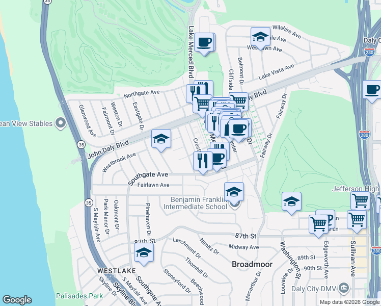 map of restaurants, bars, coffee shops, grocery stores, and more near 298 Belmar Avenue in Daly City
