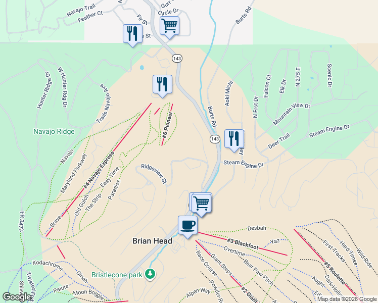 map of restaurants, bars, coffee shops, grocery stores, and more near 150 Ridgeview Street in Brian Head
