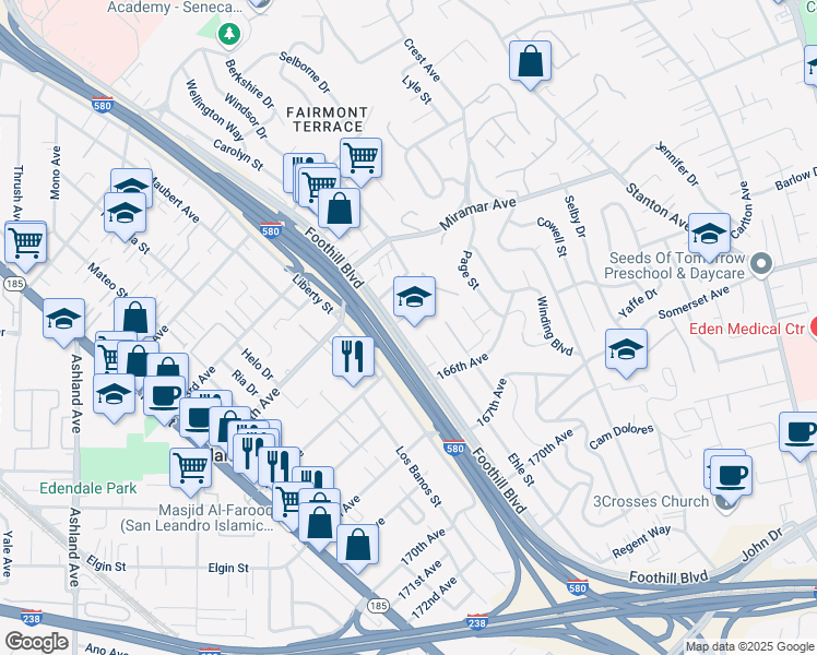 map of restaurants, bars, coffee shops, grocery stores, and more near 2041 Miramonte Avenue in San Leandro