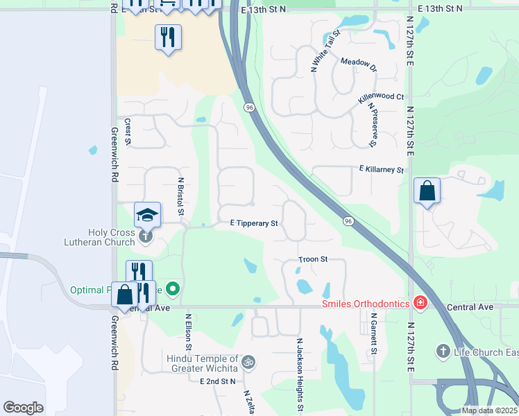 map of restaurants, bars, coffee shops, grocery stores, and more near 837 Bracken Circle in Wichita