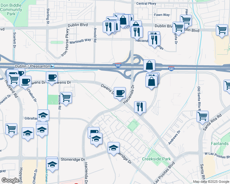 map of restaurants, bars, coffee shops, grocery stores, and more near 5649 Owens Drive in Pleasanton