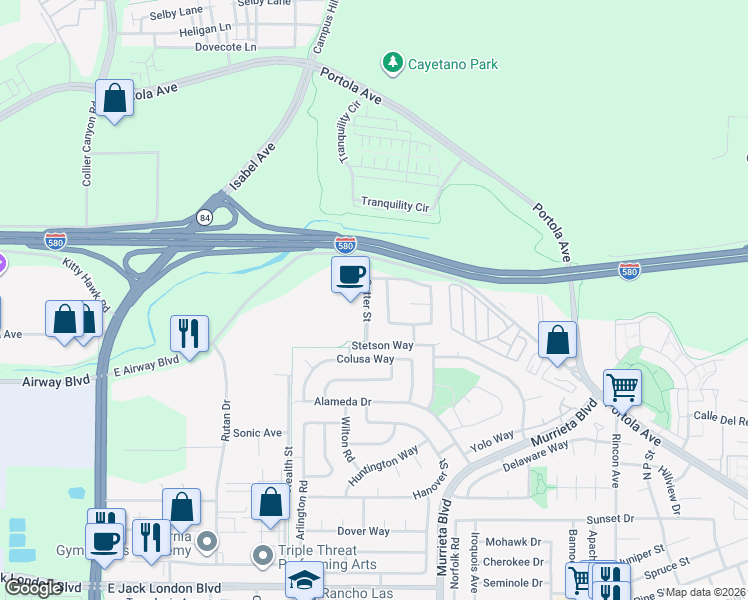 map of restaurants, bars, coffee shops, grocery stores, and more near 180 Sutter Street in Livermore
