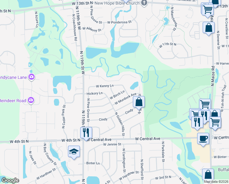 map of restaurants, bars, coffee shops, grocery stores, and more near 11511 W Kenny Ln in Wichita