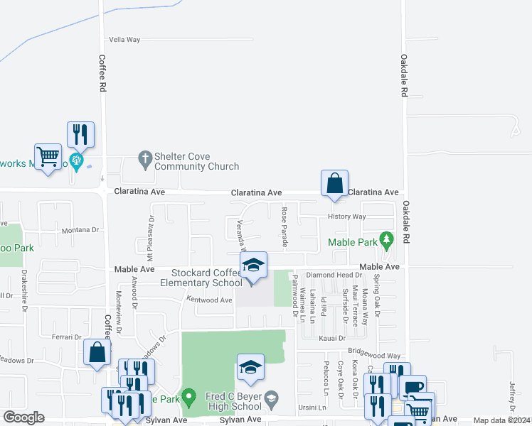 map of restaurants, bars, coffee shops, grocery stores, and more near 4213 Belvedere Court in Modesto