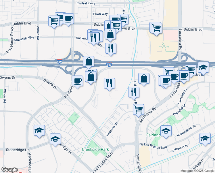 map of restaurants, bars, coffee shops, grocery stores, and more near 4410 Rosewood Drive in Pleasanton