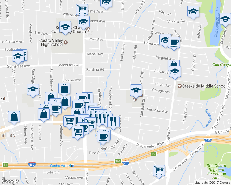 map of restaurants, bars, coffee shops, grocery stores, and more near 19998 Meadowlark Drive in Castro Valley
