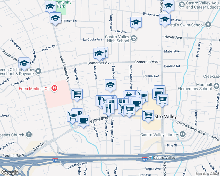 map of restaurants, bars, coffee shops, grocery stores, and more near 20079 San Miguel Avenue in Castro Valley