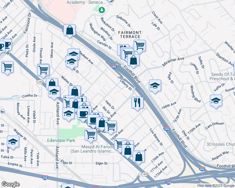 map of restaurants, bars, coffee shops, grocery stores, and more near 16318 Maubert Avenue in San Leandro