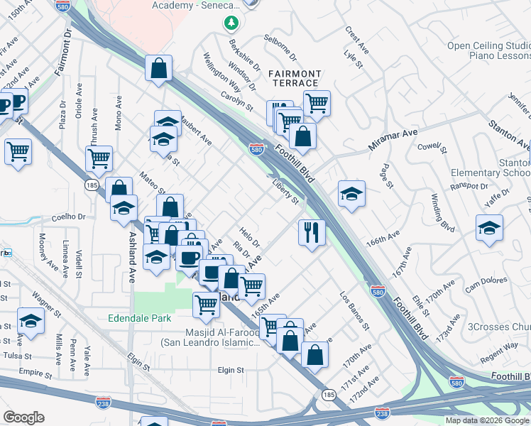 map of restaurants, bars, coffee shops, grocery stores, and more near 16318 Maubert Avenue in San Leandro