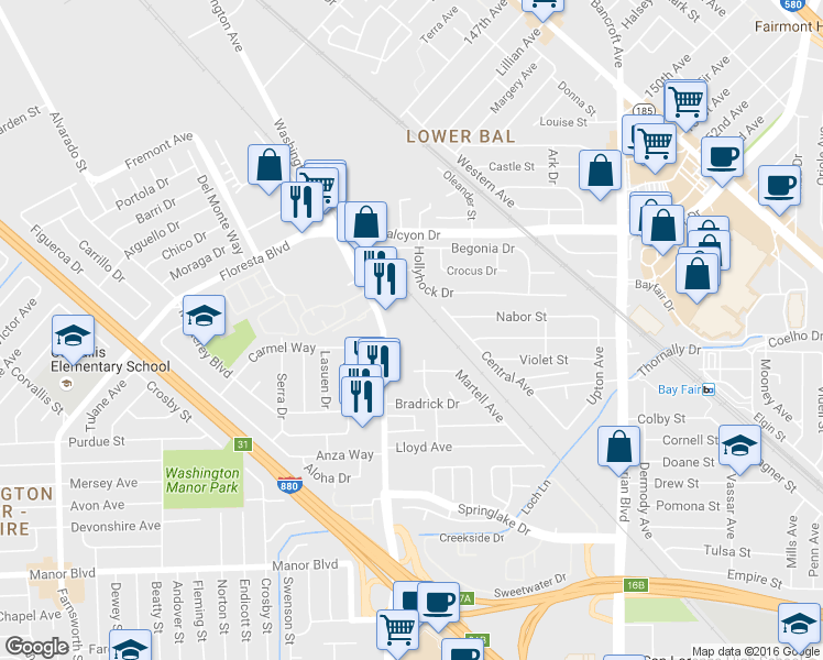 map of restaurants, bars, coffee shops, grocery stores, and more near 15209 Central Avenue in San Leandro