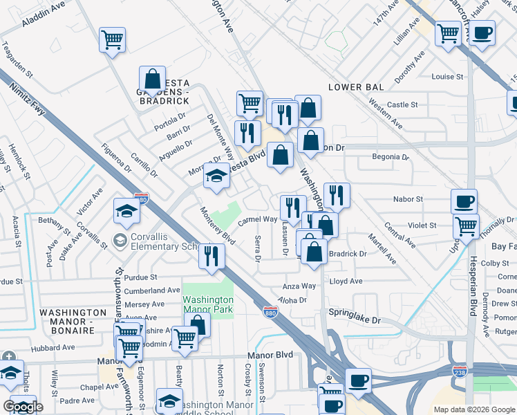 map of restaurants, bars, coffee shops, grocery stores, and more near 641 Majestic Way in San Leandro
