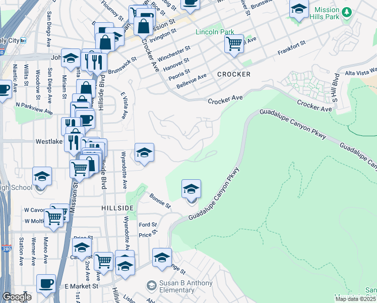 map of restaurants, bars, coffee shops, grocery stores, and more near 563 Green Ridge Drive in Daly City