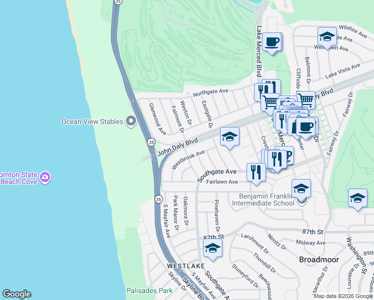 map of restaurants, bars, coffee shops, grocery stores, and more near 780 North Mayfair Avenue in Daly City