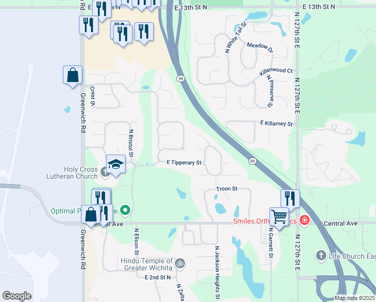 map of restaurants, bars, coffee shops, grocery stores, and more near 837 Bracken Circle in Wichita