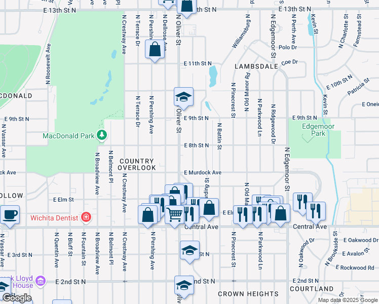 map of restaurants, bars, coffee shops, grocery stores, and more near 903 North Glendale Street in Wichita