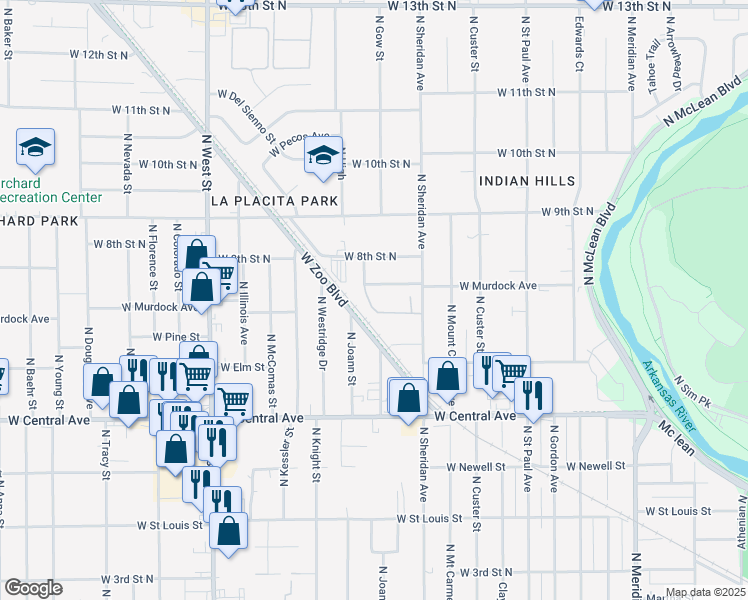 map of restaurants, bars, coffee shops, grocery stores, and more near 837 North Gow Street in Wichita