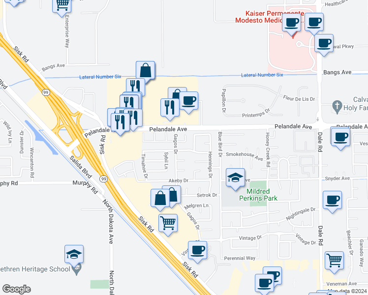 map of restaurants, bars, coffee shops, grocery stores, and more near 3509 Merrifield Avenue in Modesto