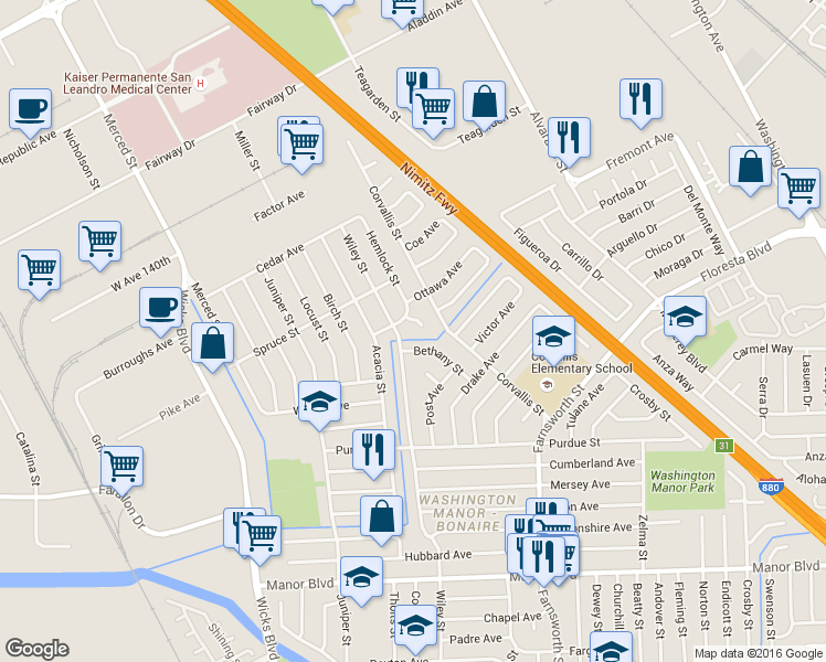 map of restaurants, bars, coffee shops, grocery stores, and more near 1380 Coppa Court in San Leandro