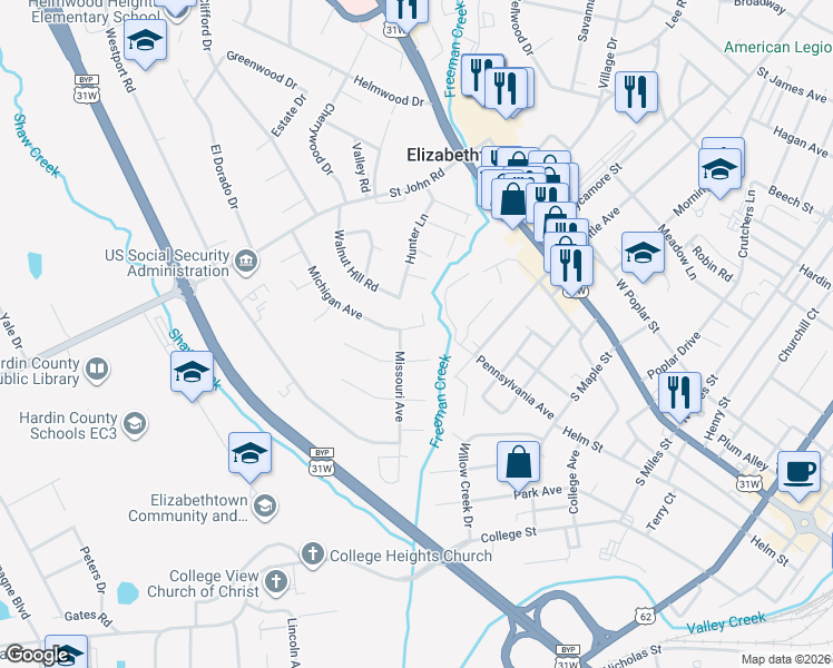 map of restaurants, bars, coffee shops, grocery stores, and more near 574 Walnut Hill Road in Elizabethtown