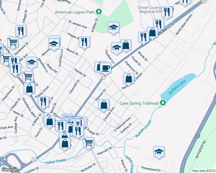 map of restaurants, bars, coffee shops, grocery stores, and more near Stewart Street in Elizabethtown
