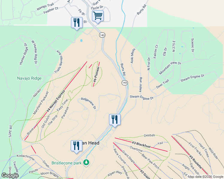 map of restaurants, bars, coffee shops, grocery stores, and more near Pine Tree Way in Brian Head