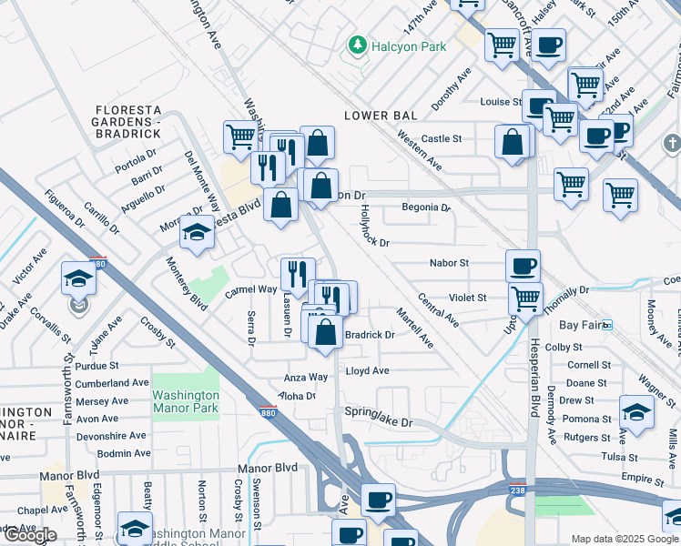 map of restaurants, bars, coffee shops, grocery stores, and more near 14700 Washington Avenue in San Leandro