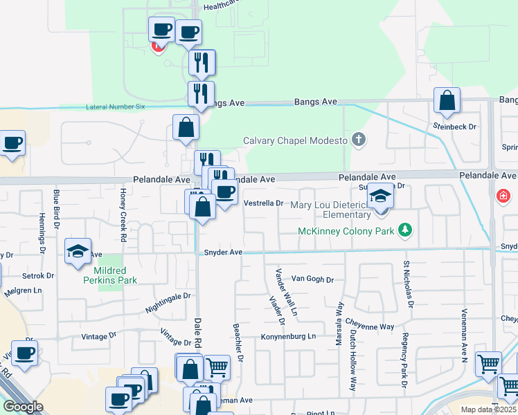 map of restaurants, bars, coffee shops, grocery stores, and more near 2800 Wind River Court in Modesto