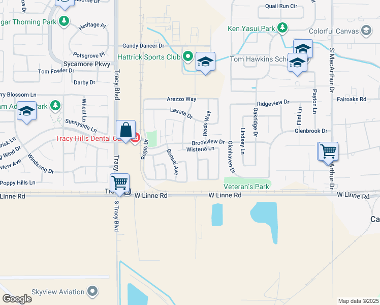 map of restaurants, bars, coffee shops, grocery stores, and more near 230 Wisteria Lane in Tracy