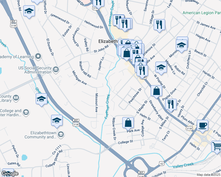 map of restaurants, bars, coffee shops, grocery stores, and more near 103 Freeman Green Drive in Elizabethtown