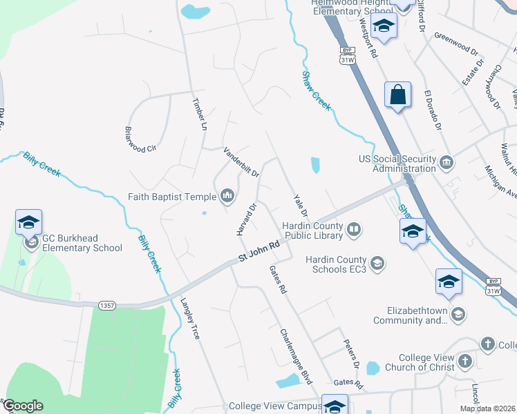 map of restaurants, bars, coffee shops, grocery stores, and more near 622 Harvard Drive in Elizabethtown