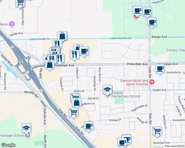 map of restaurants, bars, coffee shops, grocery stores, and more near 3420 Janeen Way in Modesto