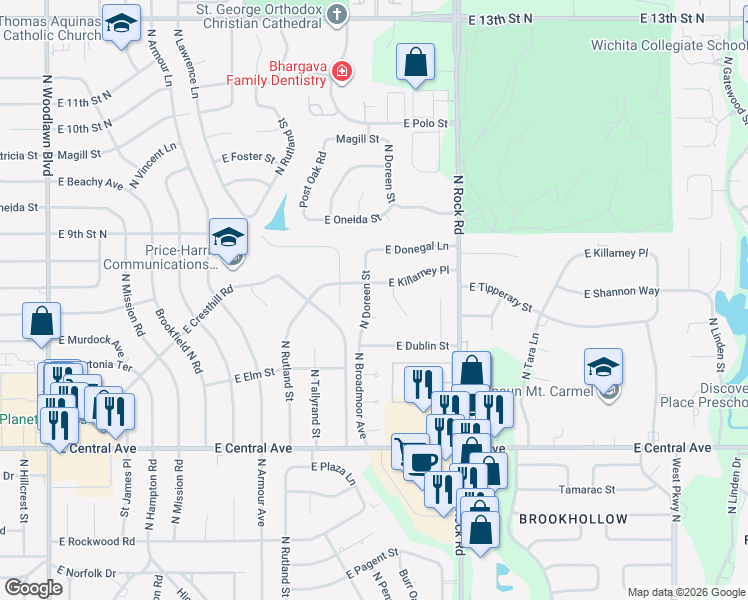 map of restaurants, bars, coffee shops, grocery stores, and more near 7622 East Killarney Place in Wichita