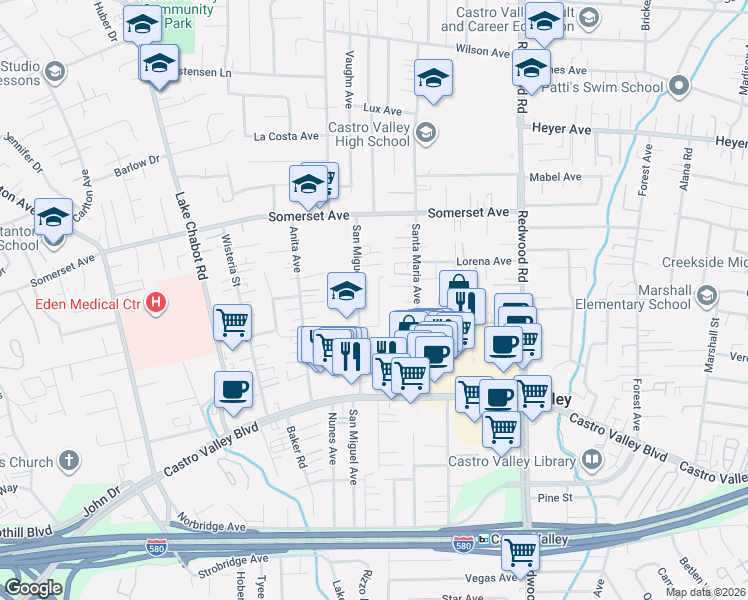 map of restaurants, bars, coffee shops, grocery stores, and more near 20155 Leroy Drive in Castro Valley