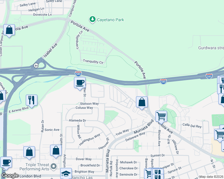 map of restaurants, bars, coffee shops, grocery stores, and more near 1382 Vía Deste in Livermore