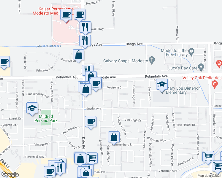 map of restaurants, bars, coffee shops, grocery stores, and more near 2816 Vestrella Drive in Modesto