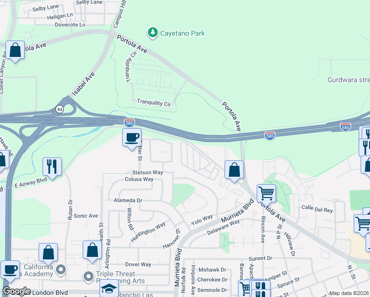 map of restaurants, bars, coffee shops, grocery stores, and more near 1382 Vía Deste in Livermore