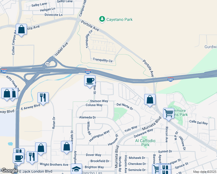 map of restaurants, bars, coffee shops, grocery stores, and more near 541 Saddleback Circle in Livermore