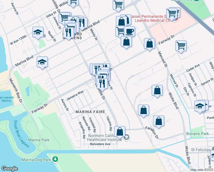 map of restaurants, bars, coffee shops, grocery stores, and more near 13855 Catalina Street in San Leandro