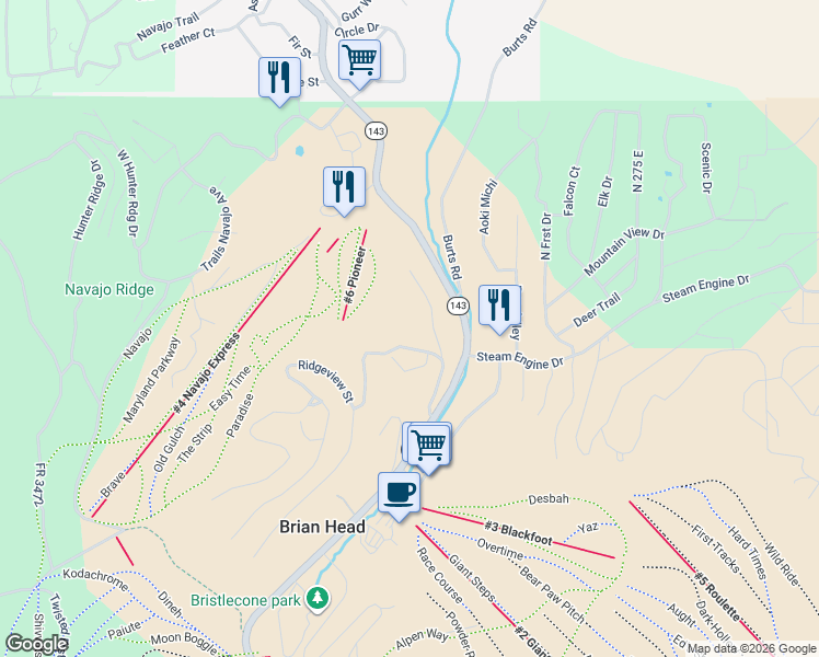map of restaurants, bars, coffee shops, grocery stores, and more near 150 Ridgeview Street in Brian Head