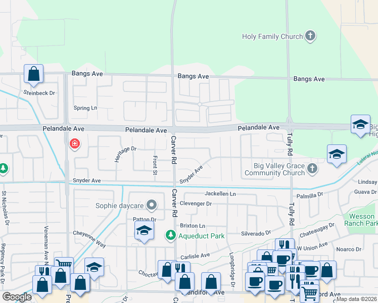 map of restaurants, bars, coffee shops, grocery stores, and more near 1612 Rose Garden Court in Modesto