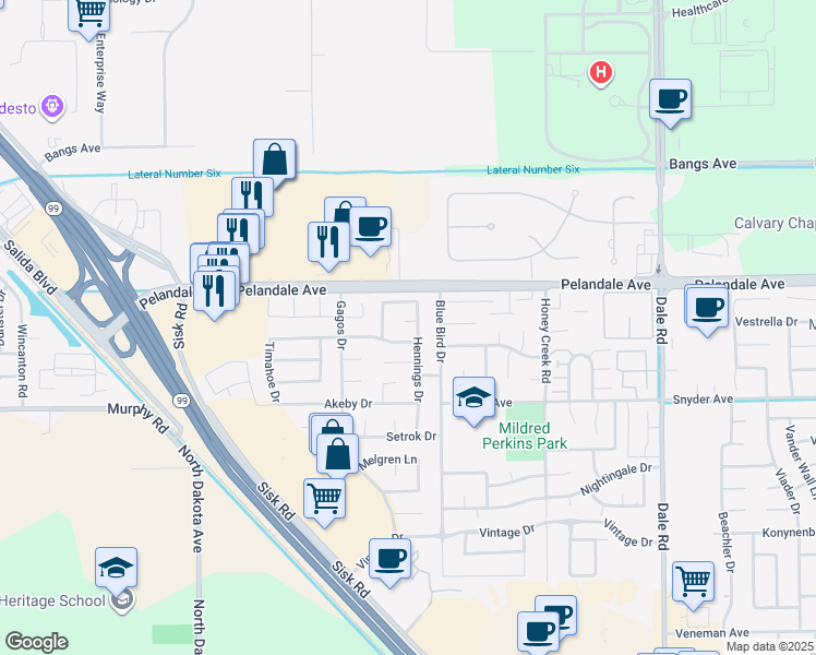 map of restaurants, bars, coffee shops, grocery stores, and more near 3420 Janeen Way in Modesto