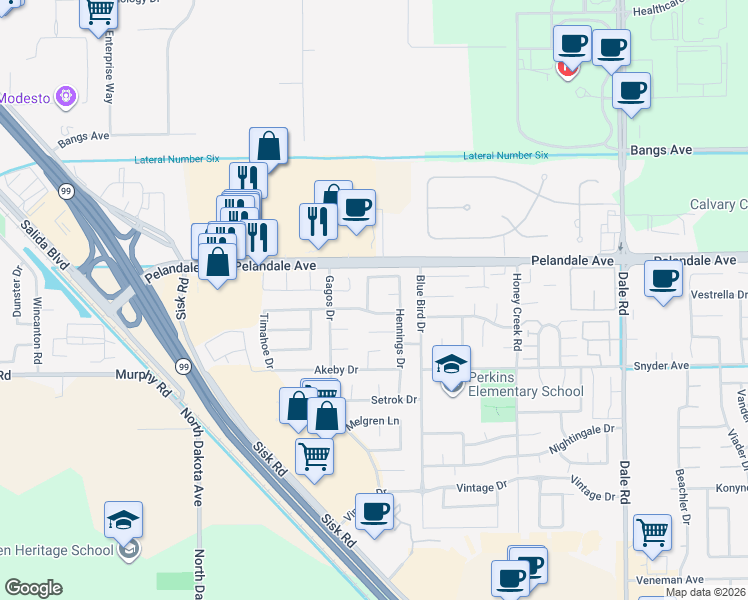 map of restaurants, bars, coffee shops, grocery stores, and more near 3420 Janeen Way in Modesto