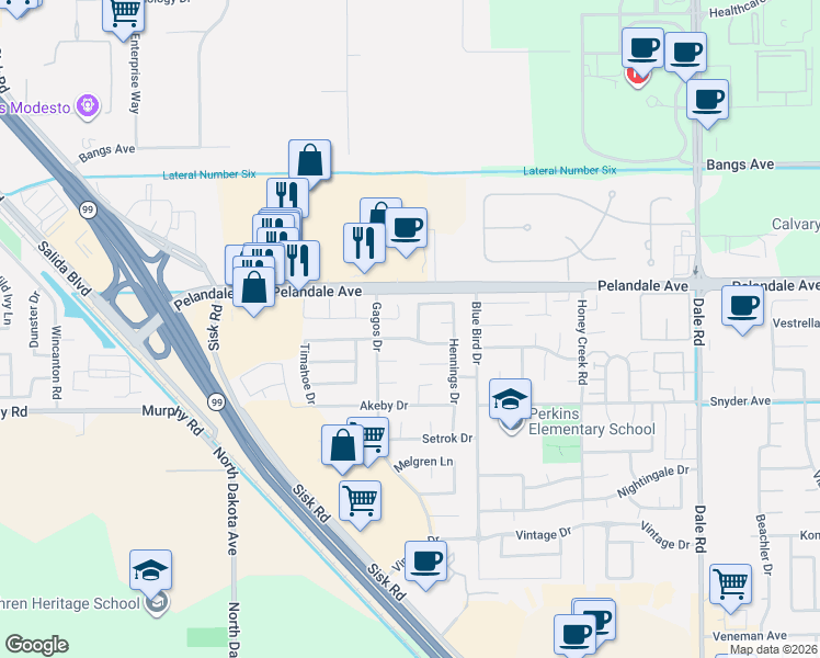 map of restaurants, bars, coffee shops, grocery stores, and more near 3511 Woodglen Drive in Modesto