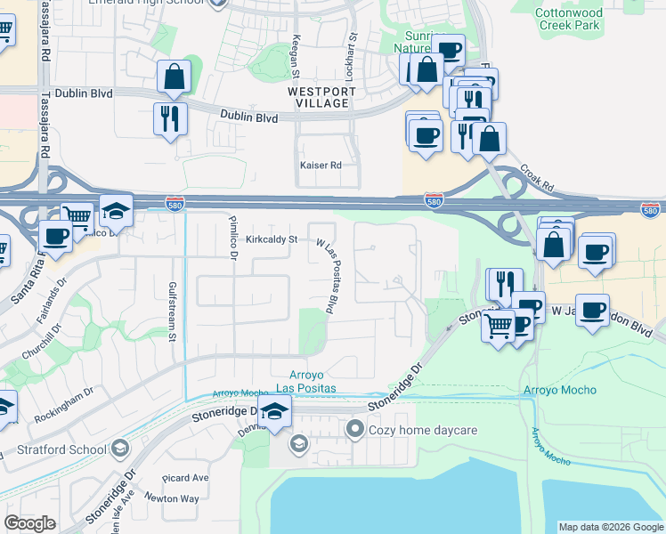 map of restaurants, bars, coffee shops, grocery stores, and more near 3193 West Las Positas Boulevard in Pleasanton