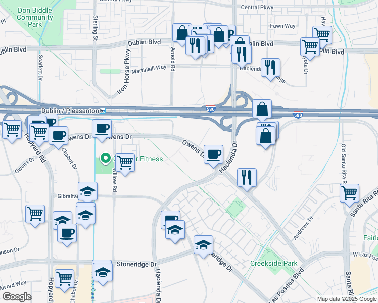 map of restaurants, bars, coffee shops, grocery stores, and more near 4500 Owens Drive in Pleasanton