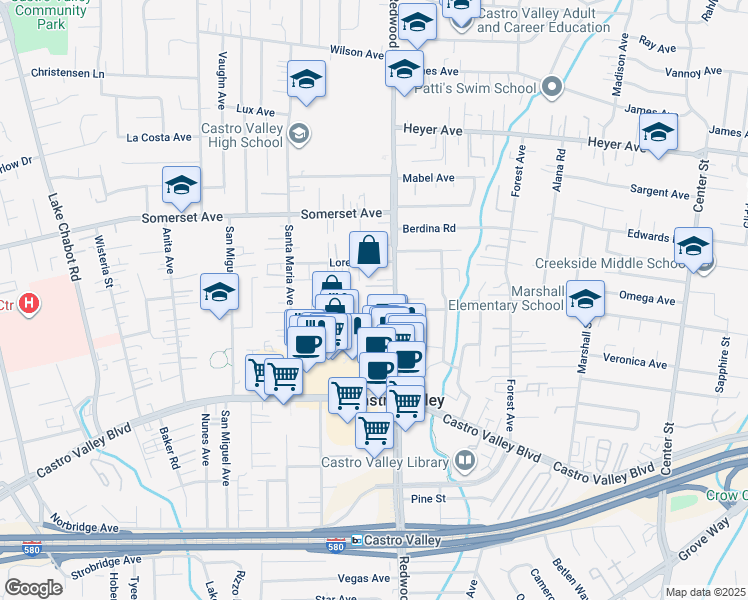 map of restaurants, bars, coffee shops, grocery stores, and more near 20077 Redwood Road in Castro Valley