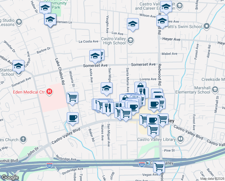 map of restaurants, bars, coffee shops, grocery stores, and more near 20023 Leroy Drive in Castro Valley
