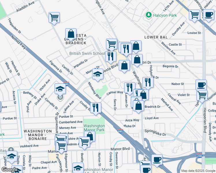 map of restaurants, bars, coffee shops, grocery stores, and more near 3847 Yorkshire Street in San Leandro